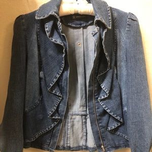INC from Macy’s denim ruffle jacket.